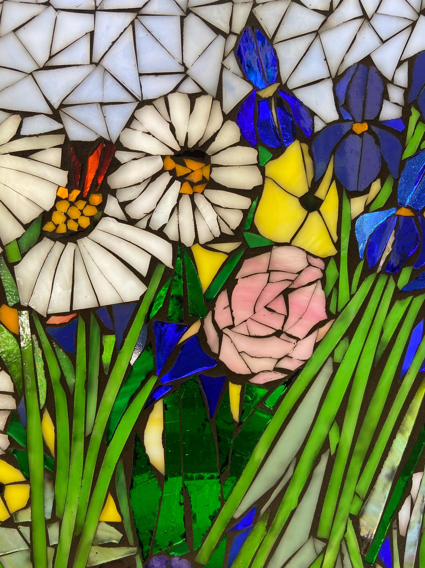Mixed flower stained glass window. Framed hanging glass art. Large garden mosaic wall art. Gift idea botanical lover. No primary colors.