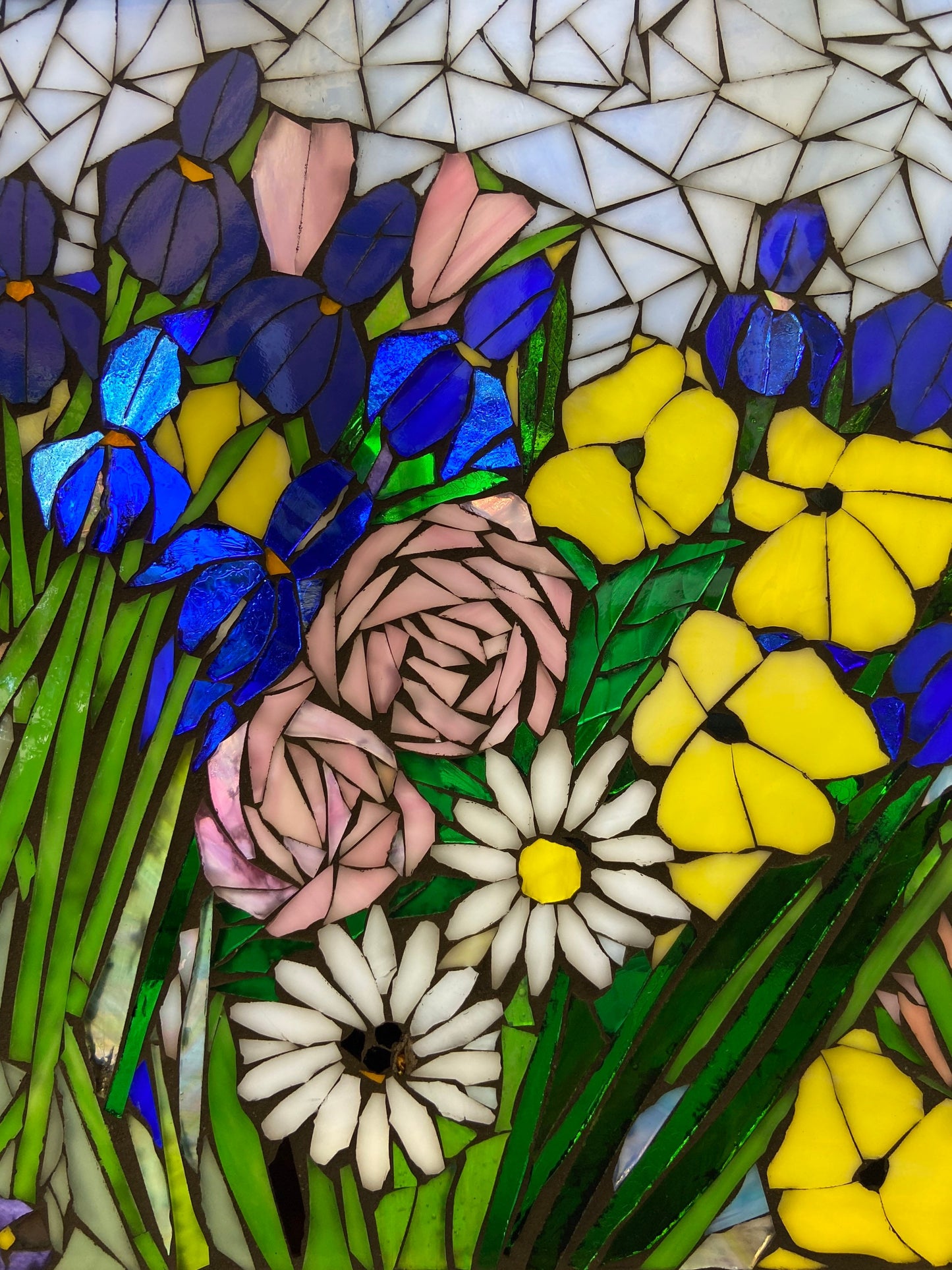 Mixed flower stained glass window. Framed hanging glass art. Large garden mosaic wall art. Gift idea botanical lover. No primary colors.
