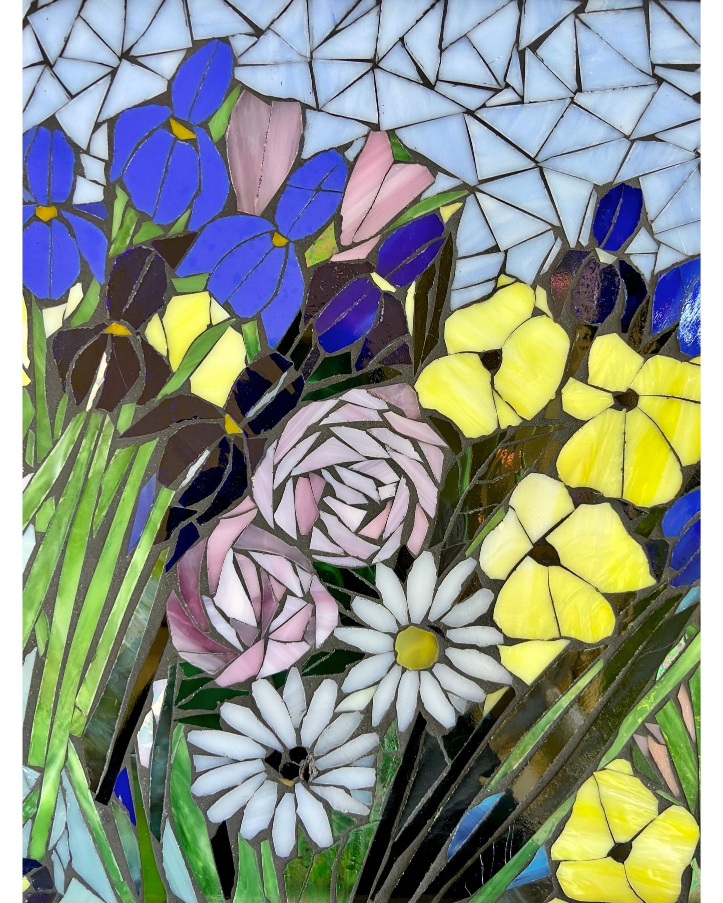 Mixed flower stained glass window. Framed hanging glass art. Large garden mosaic wall art. Gift idea botanical lover. No primary colors.