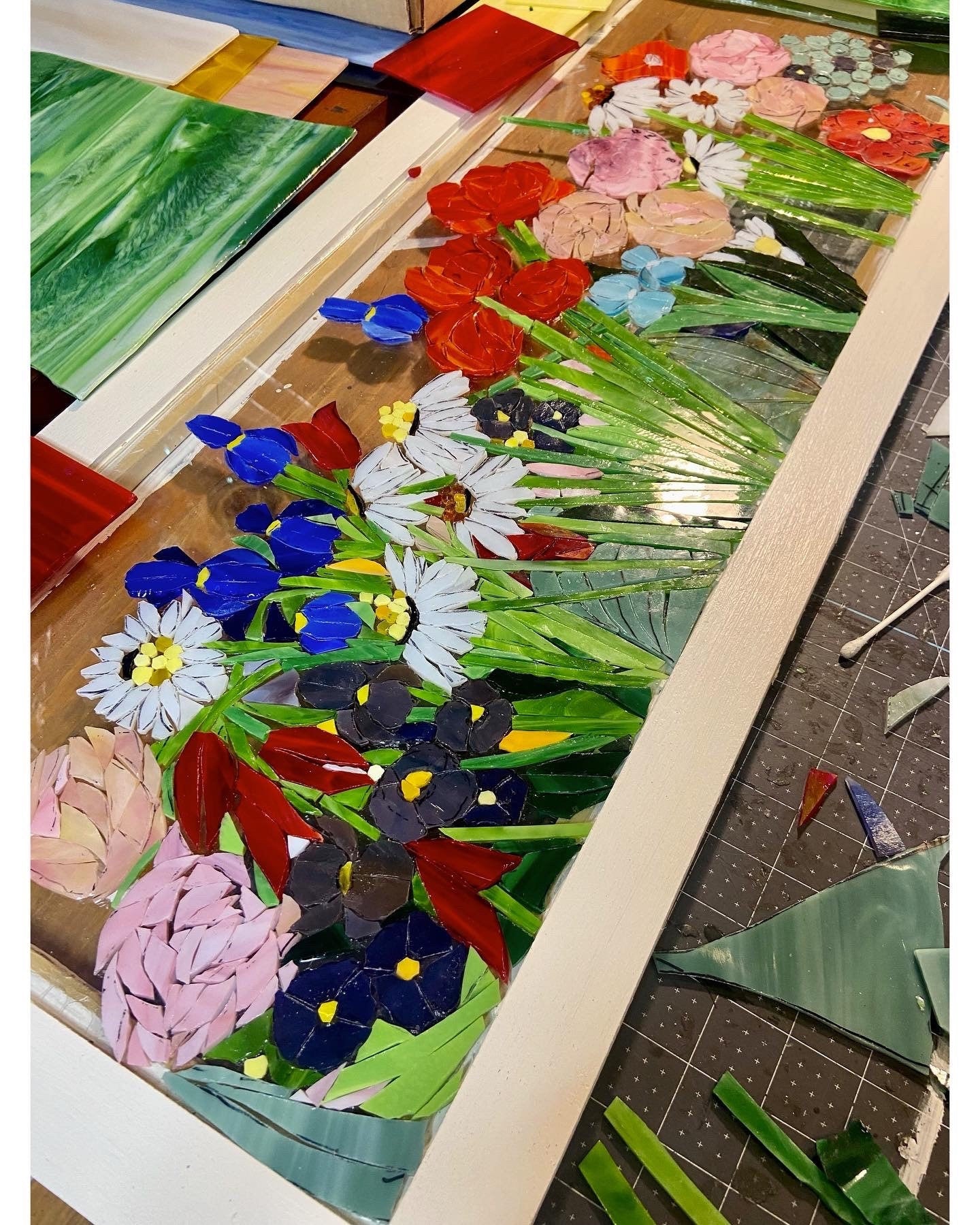 Mixed flower stained glass window. Framed hanging glass art. Large garden mosaic wall art. Roses and wildflowers. Botanical art lover.