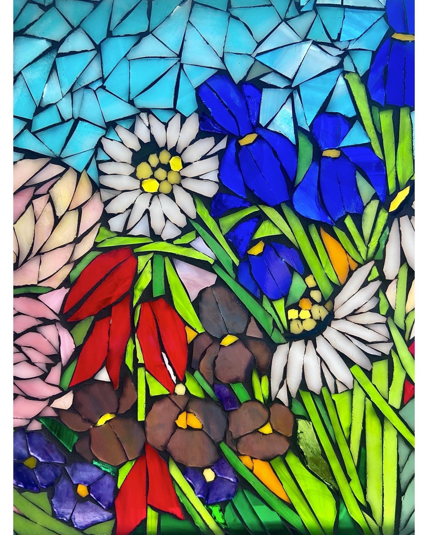 Mixed flower stained glass window. Framed hanging glass art. Large garden mosaic wall art. Roses and wildflowers. Botanical art lover.