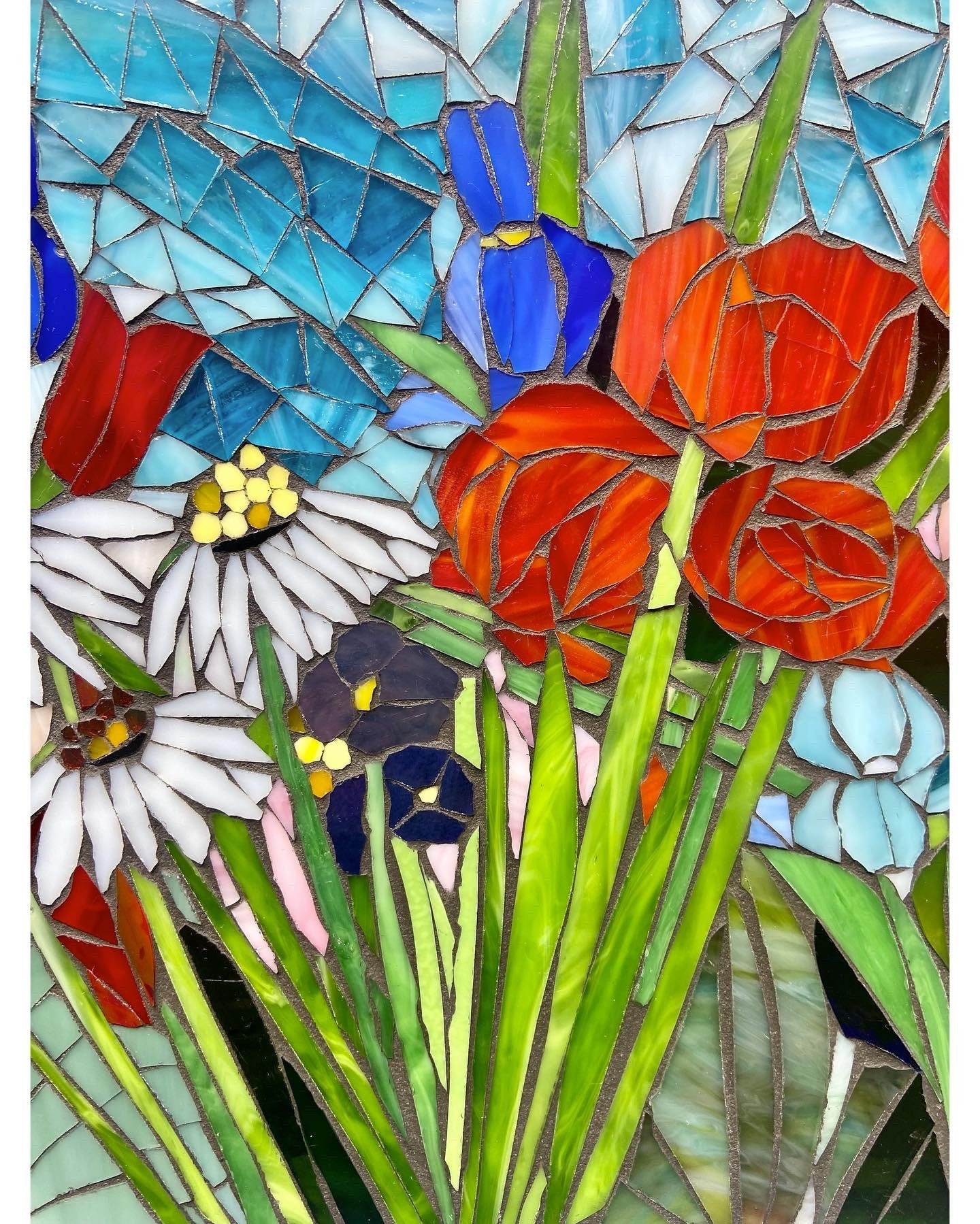 Mixed flower stained glass window. Framed hanging glass art. Large garden mosaic wall art. Roses and wildflowers. Botanical art lover.