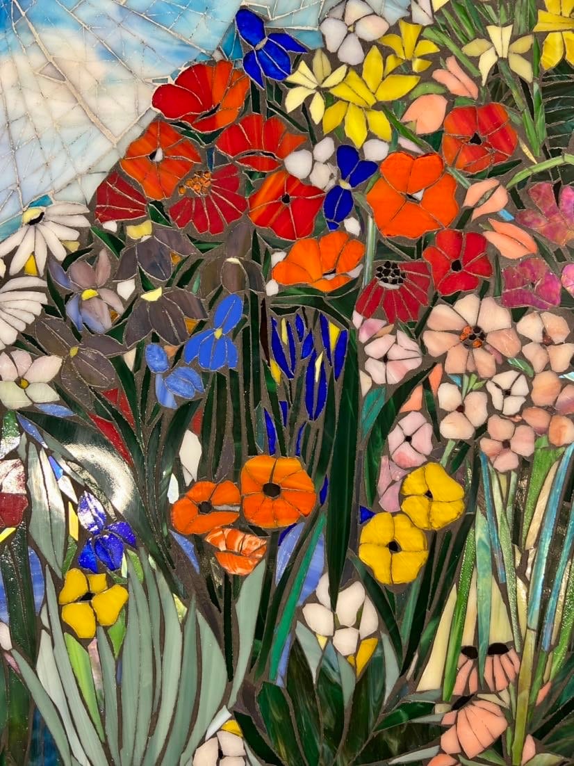 Mixed flower stained glass mosaic panel. Framed hanging glass art. Large garden mosaic wall art. Gift idea for Arizona desert lover.