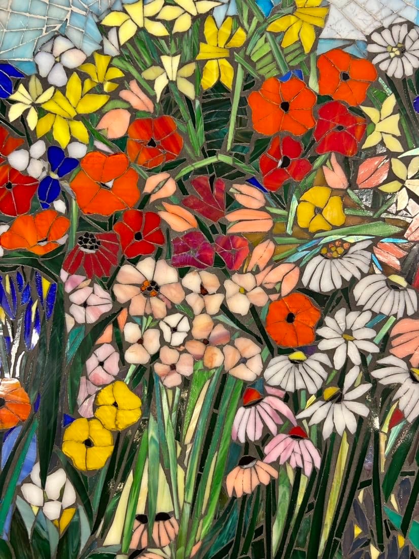 Mixed flower stained glass mosaic panel. Framed hanging glass art. Large garden mosaic wall art. Gift idea for Arizona desert lover.