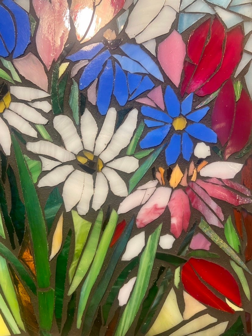 Small framed art. Stained glass mixed flower mosaic. Flower wall art. Hand cut glass and broken tesserae. Gift idea for a tulip lover.