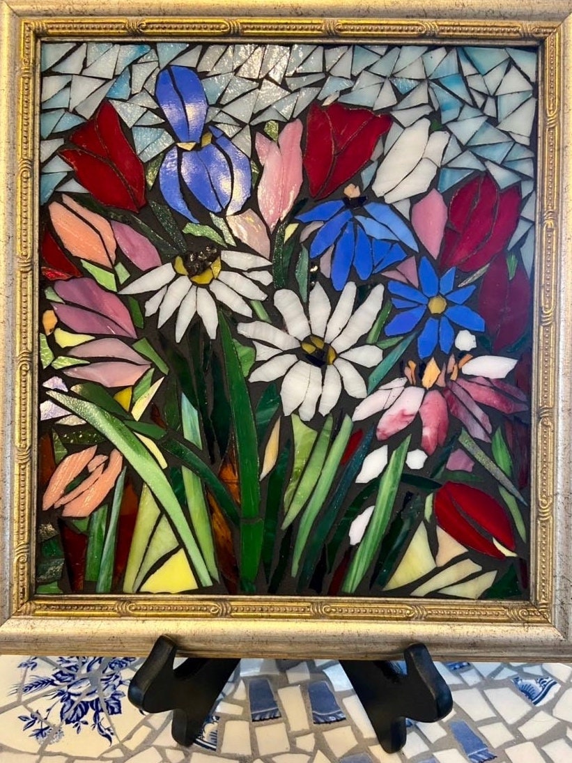 Small framed art. Stained glass mixed flower mosaic. Flower wall art. Hand cut glass and broken tesserae. Gift idea for a tulip lover.
