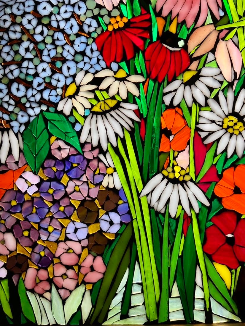 Mixed flower stained glass mosaic panel. Framed hanging glass art. Large garden mosaic wall art. Gift idea for big sky lover.