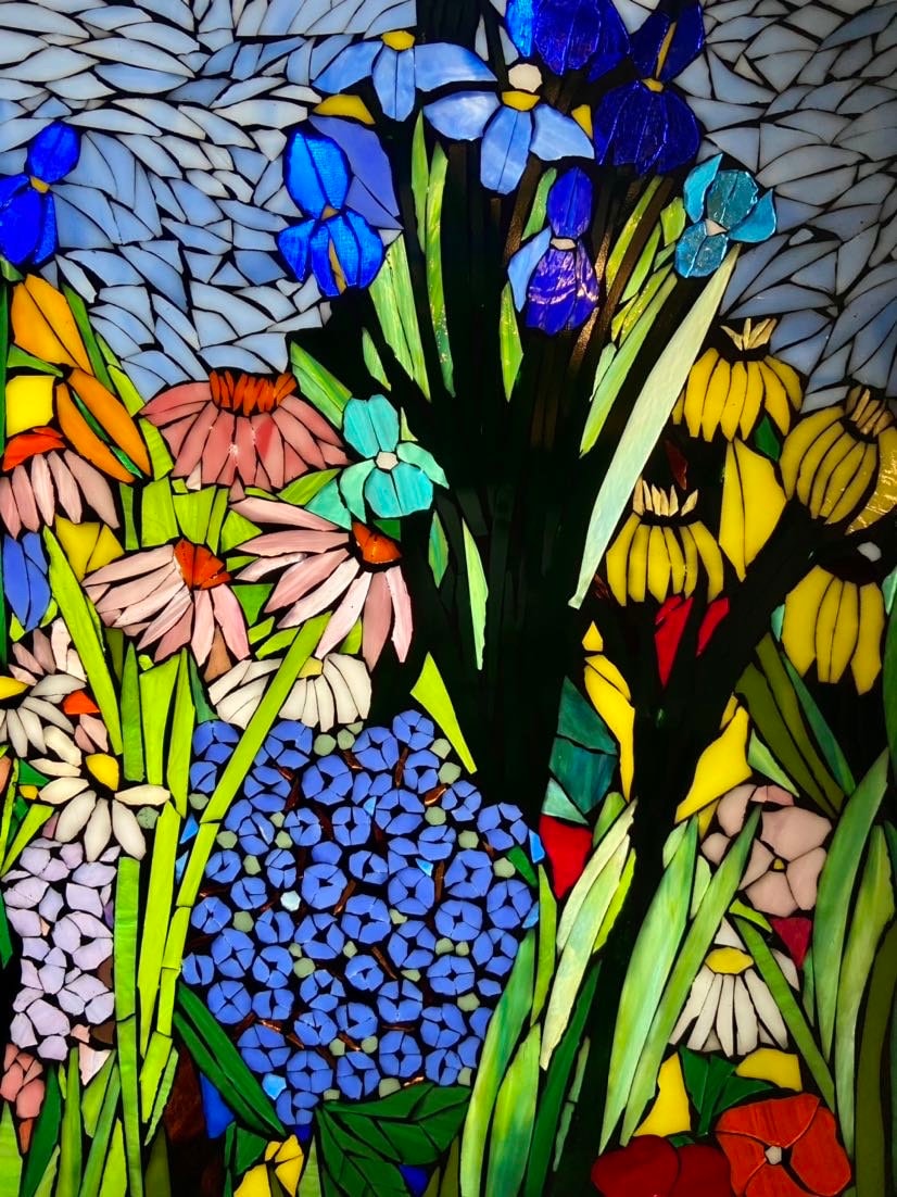 Mixed flower stained glass mosaic panel. Framed hanging glass art. Large garden mosaic wall art. Gift idea for big sky lover.
