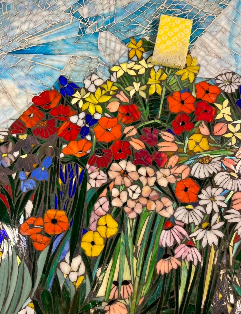 Mixed flower stained glass mosaic panel. Framed hanging glass art. Large garden mosaic wall art. Gift idea for Arizona desert lover.