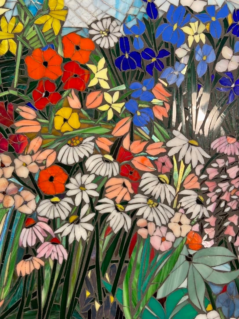 Mixed flower stained glass mosaic panel. Framed hanging glass art. Large garden mosaic wall art. Gift idea for Arizona desert lover.