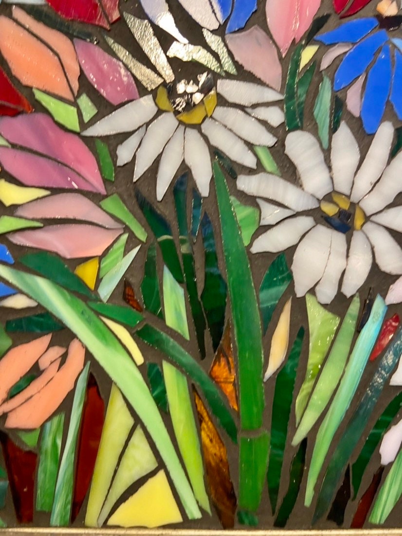 Small framed art. Stained glass mixed flower mosaic. Flower wall art. Hand cut glass and broken tesserae. Gift idea for a tulip lover.
