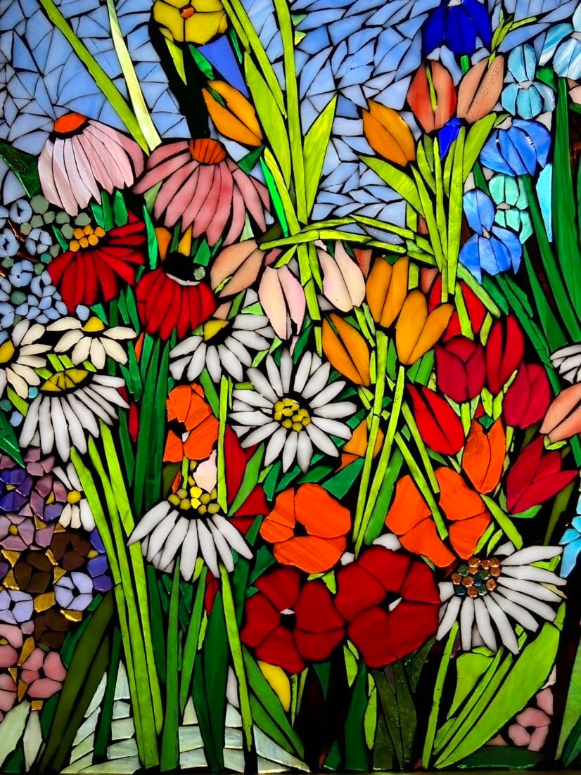 Mixed flower stained glass mosaic panel. Framed hanging glass art. Large garden mosaic wall art. Gift idea for big sky lover.