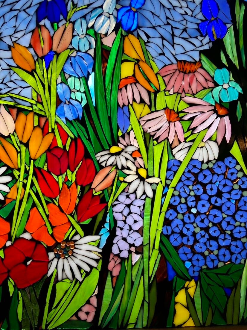 Mixed flower stained glass mosaic panel. Framed hanging glass art. Large garden mosaic wall art. Gift idea for big sky lover.