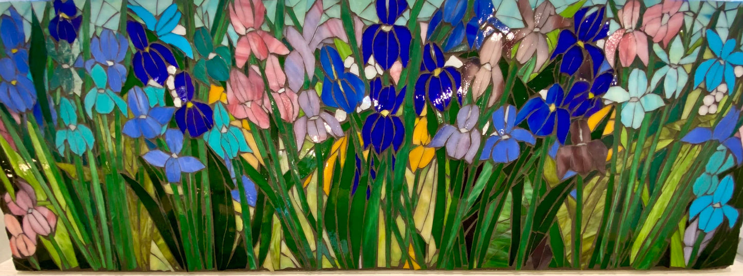 Mixed Irises stained glass window. Framed hanging glass art. Large garden mosaic wall art. Gift idea for all shades of blue.
