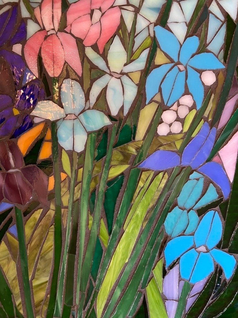 Mixed Irises stained glass window. Framed hanging glass art. Large garden mosaic wall art. Gift idea for all shades of blue.