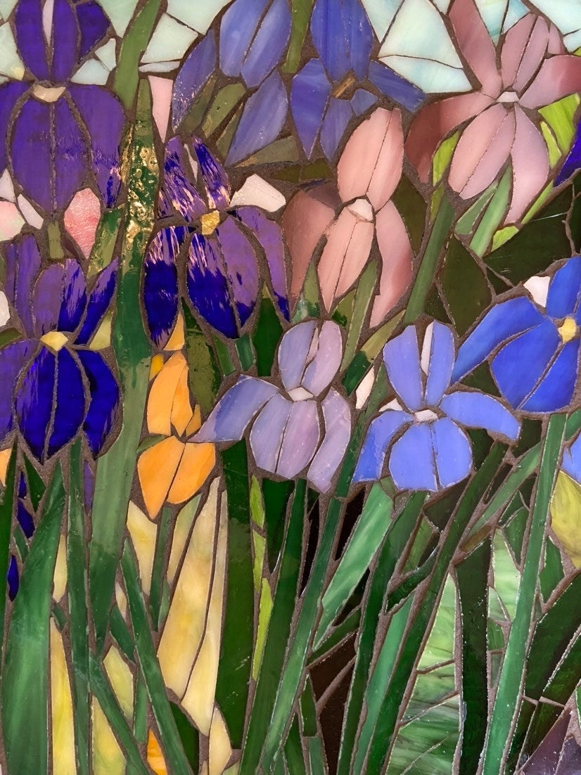 Mixed Irises stained glass window. Framed hanging glass art. Large garden mosaic wall art. Gift idea for all shades of blue.
