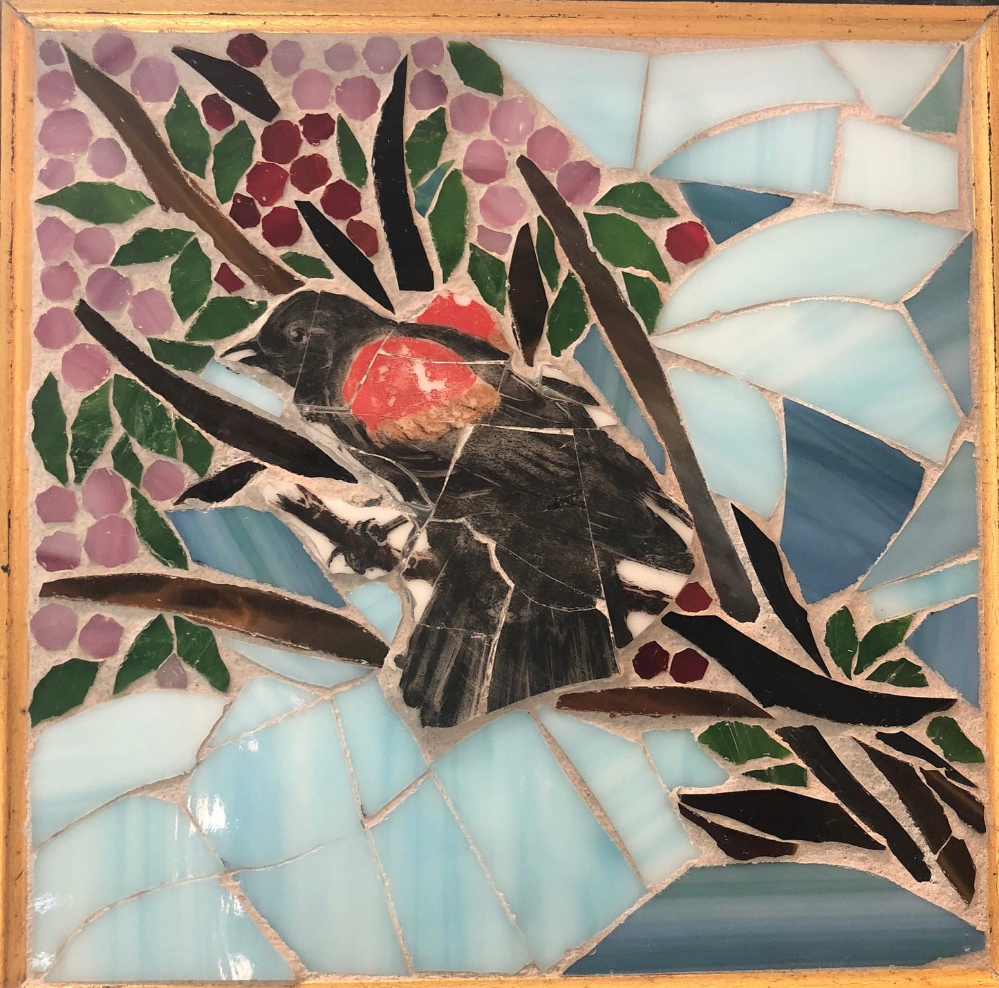 Stained glass mosaic bird. Small antique frame. Black bird sitting on a branch with berries. Abstract bird artwork. Gift for bird watcher.