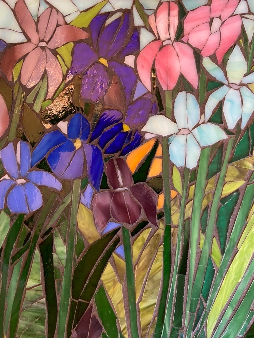 Mixed Irises stained glass window. Framed hanging glass art. Large garden mosaic wall art. Gift idea for all shades of blue.