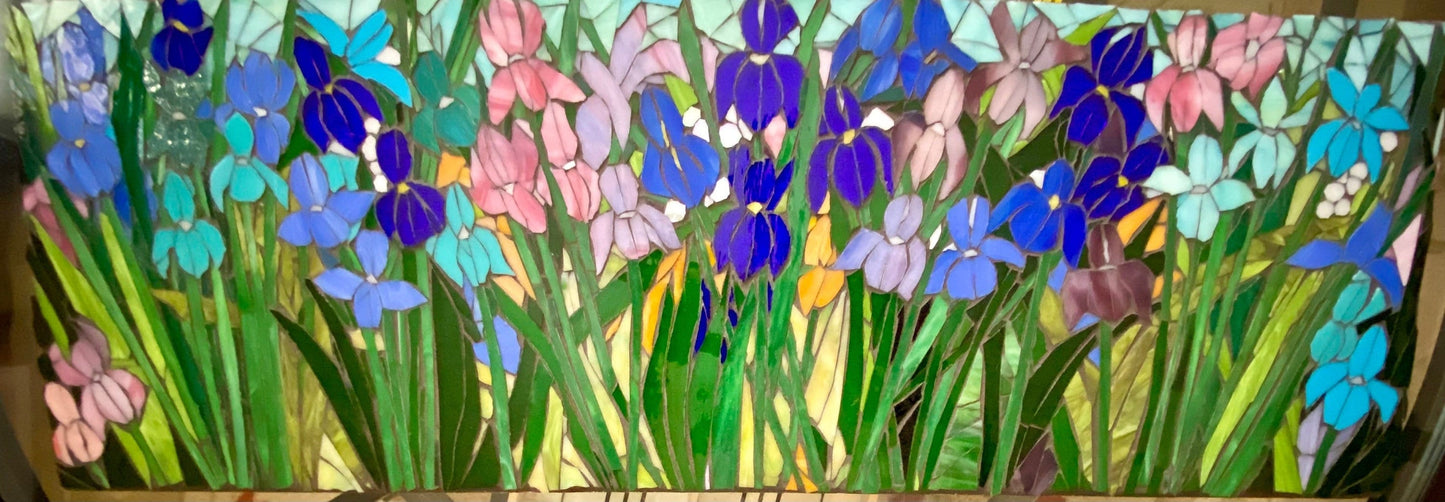 Mixed Irises stained glass window. Framed hanging glass art. Large garden mosaic wall art. Gift idea for all shades of blue.