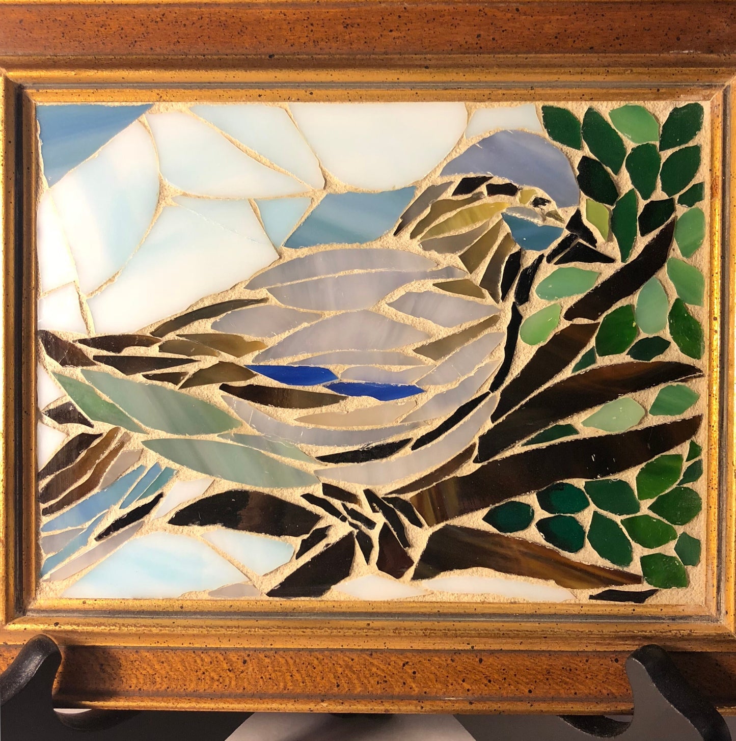 Stained glass mosaic bird. Small antique frame. Dove sitting on a branch with green leaves. Abstract bird artwork. Gift for bird watcher.