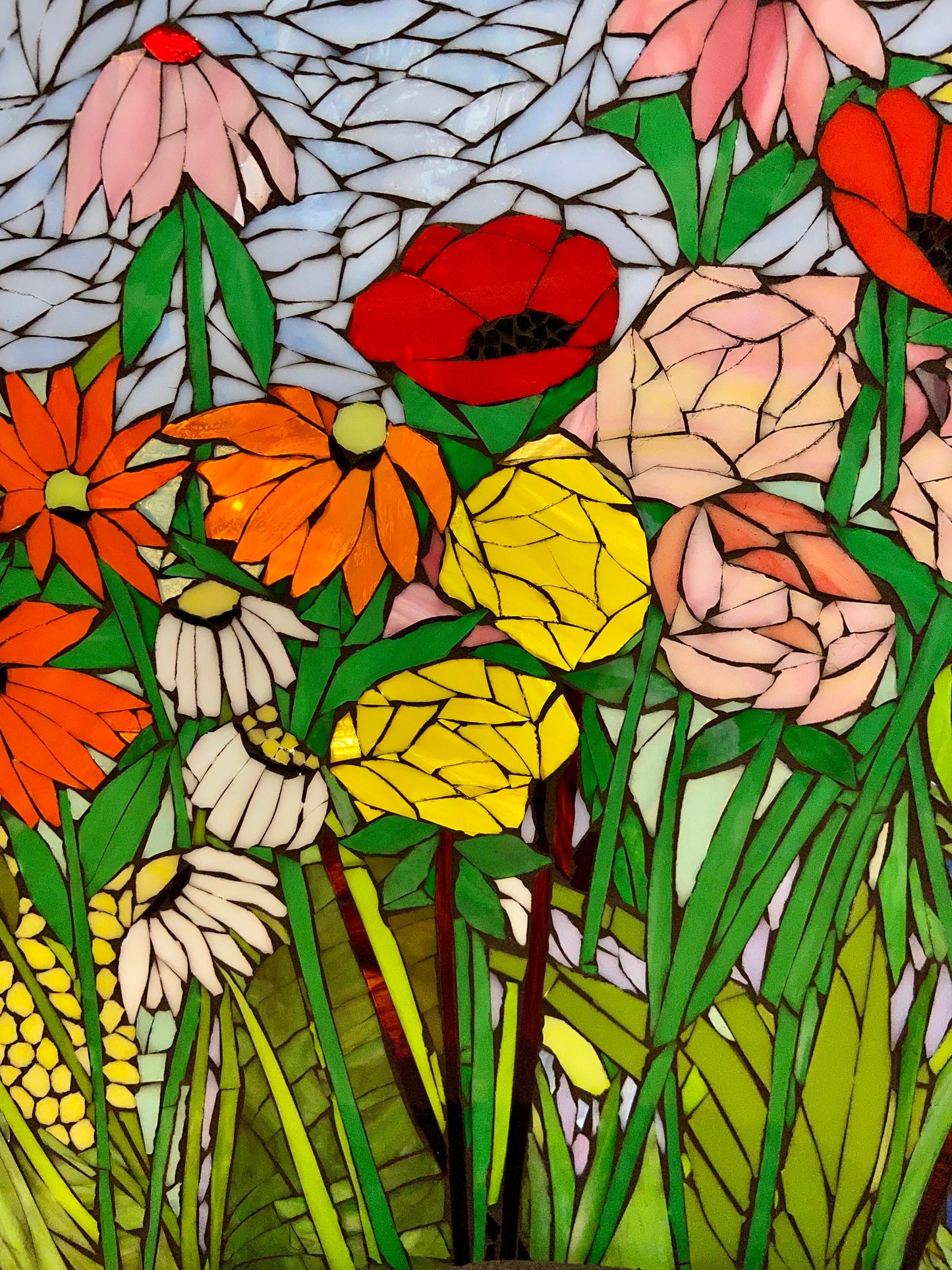 Transom Window Mixed Flower Stained Glass . Framed hanging glass art. Large garden mosaic wall art. Gift idea for garden lover.