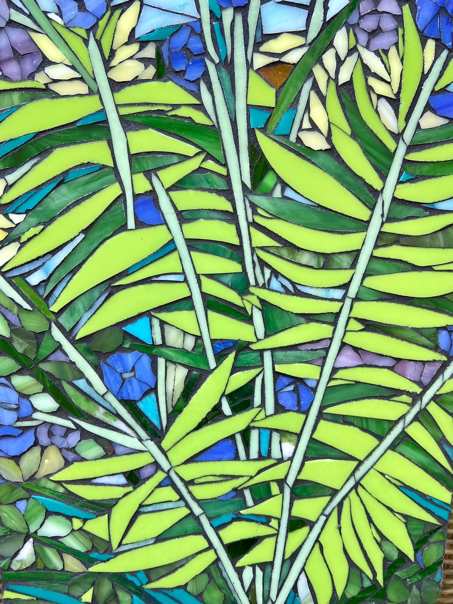 Small mosaic table top. Mixed Fern Stained Glass design. Framed hanging glass art. Tiny garden mosaic wall art. Gift idea for garden lover.