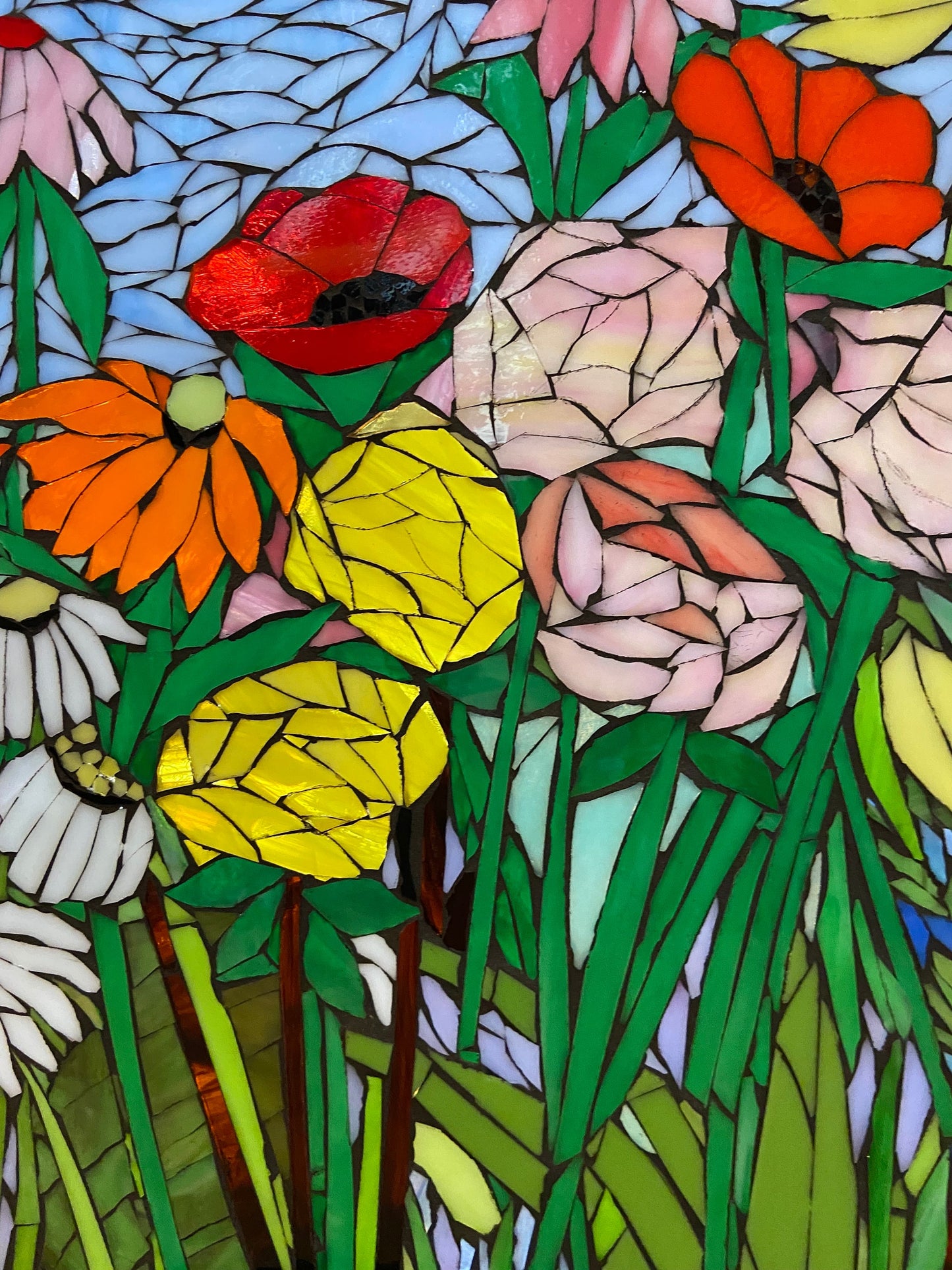 Transom Window Mixed Flower Stained Glass . Framed hanging glass art. Large garden mosaic wall art. Gift idea for garden lover.
