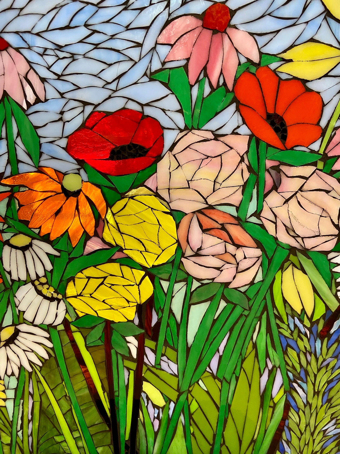 Transom Window Mixed Flower Stained Glass . Framed hanging glass art. Large garden mosaic wall art. Gift idea for garden lover.