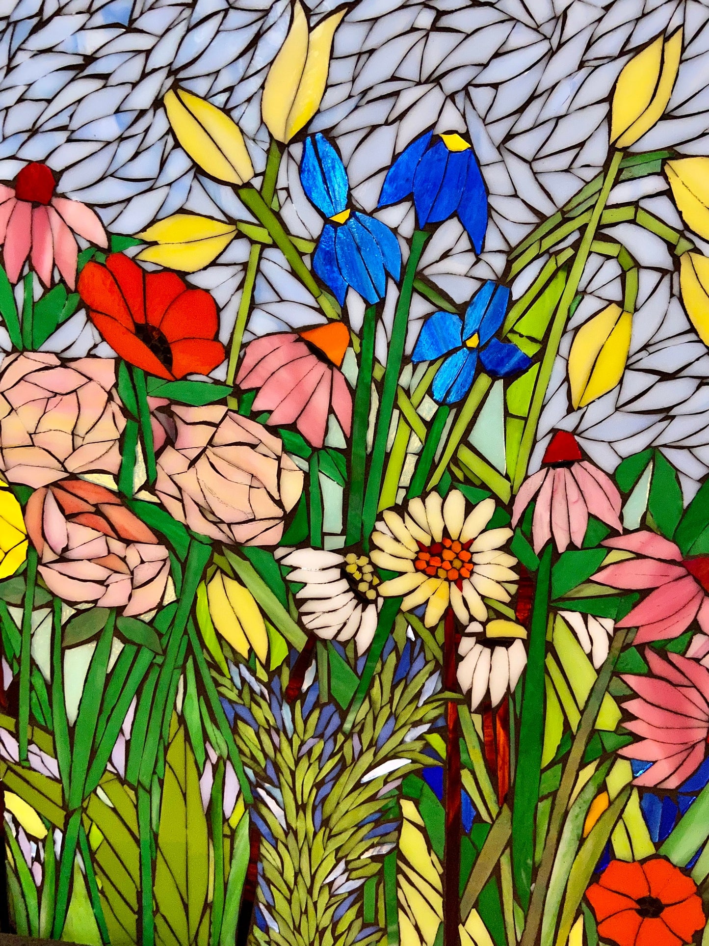 Transom Window Mixed Flower Stained Glass . Framed hanging glass art. Large garden mosaic wall art. Gift idea for garden lover.
