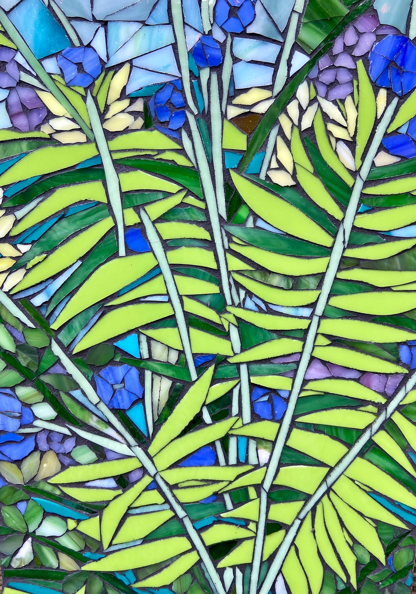 Small mosaic table top. Mixed Fern Stained Glass design. Framed hanging glass art. Tiny garden mosaic wall art. Gift idea for garden lover.