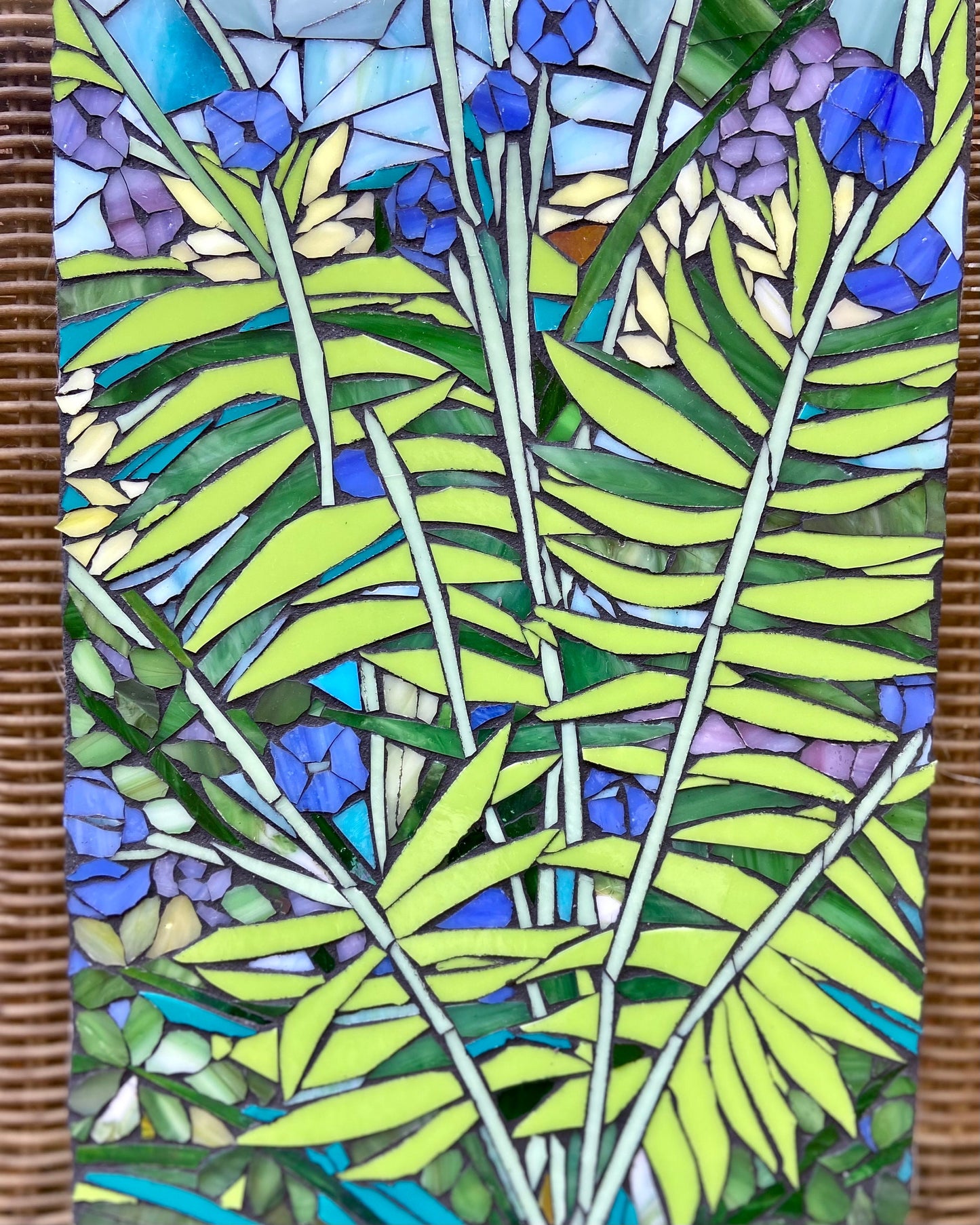 Small mosaic table top. Mixed Fern Stained Glass design. Framed hanging glass art. Tiny garden mosaic wall art. Gift idea for garden lover.