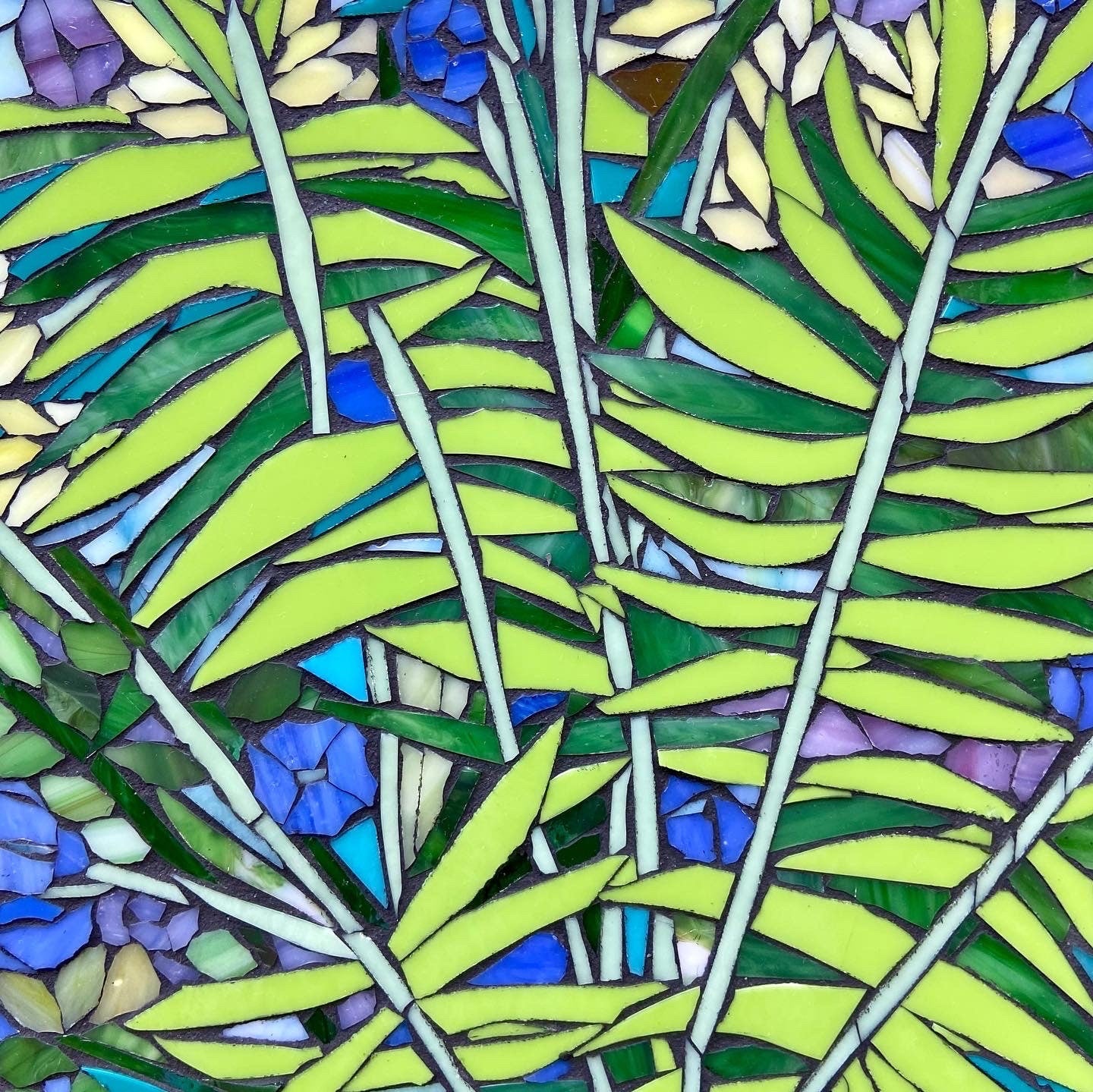 Small mosaic table top. Mixed Fern Stained Glass design. Framed hanging glass art. Tiny garden mosaic wall art. Gift idea for garden lover.