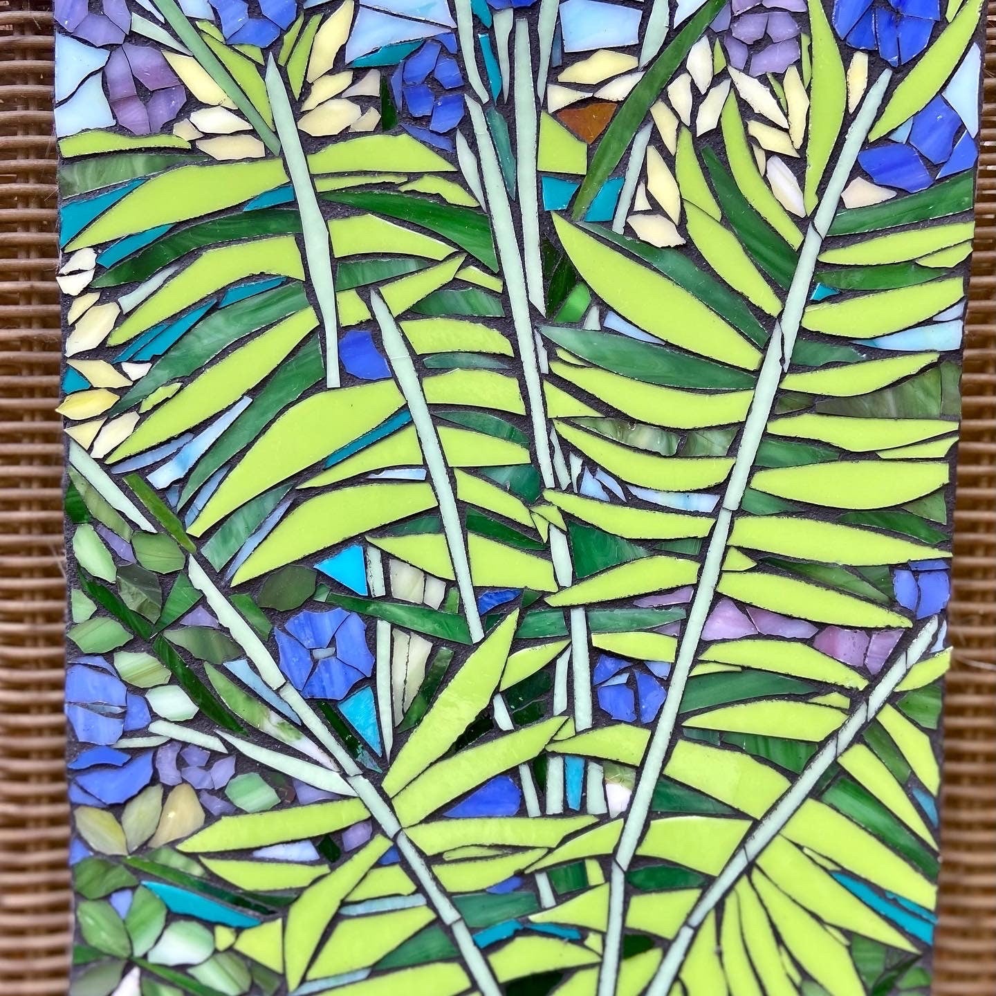 Small mosaic table top. Mixed Fern Stained Glass design. Framed hanging glass art. Tiny garden mosaic wall art. Gift idea for garden lover.
