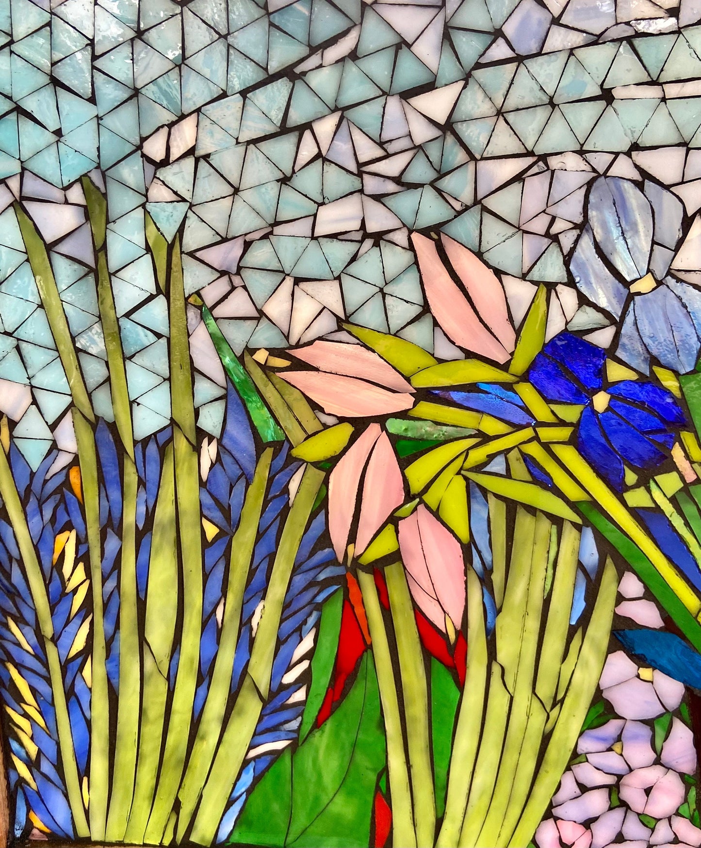 Mixed flower stained glass window. Framed hanging glass art. Large garden mosaic wall art. Gift idea for sunflower lover.