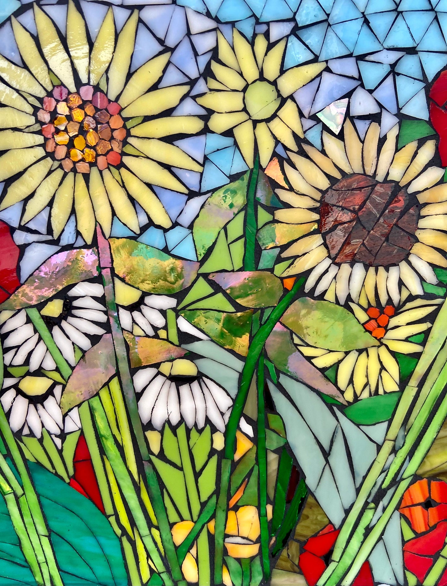 Mixed flower stained glass window. Framed hanging glass art. Large garden mosaic wall art. Gift idea for sunflower lover.