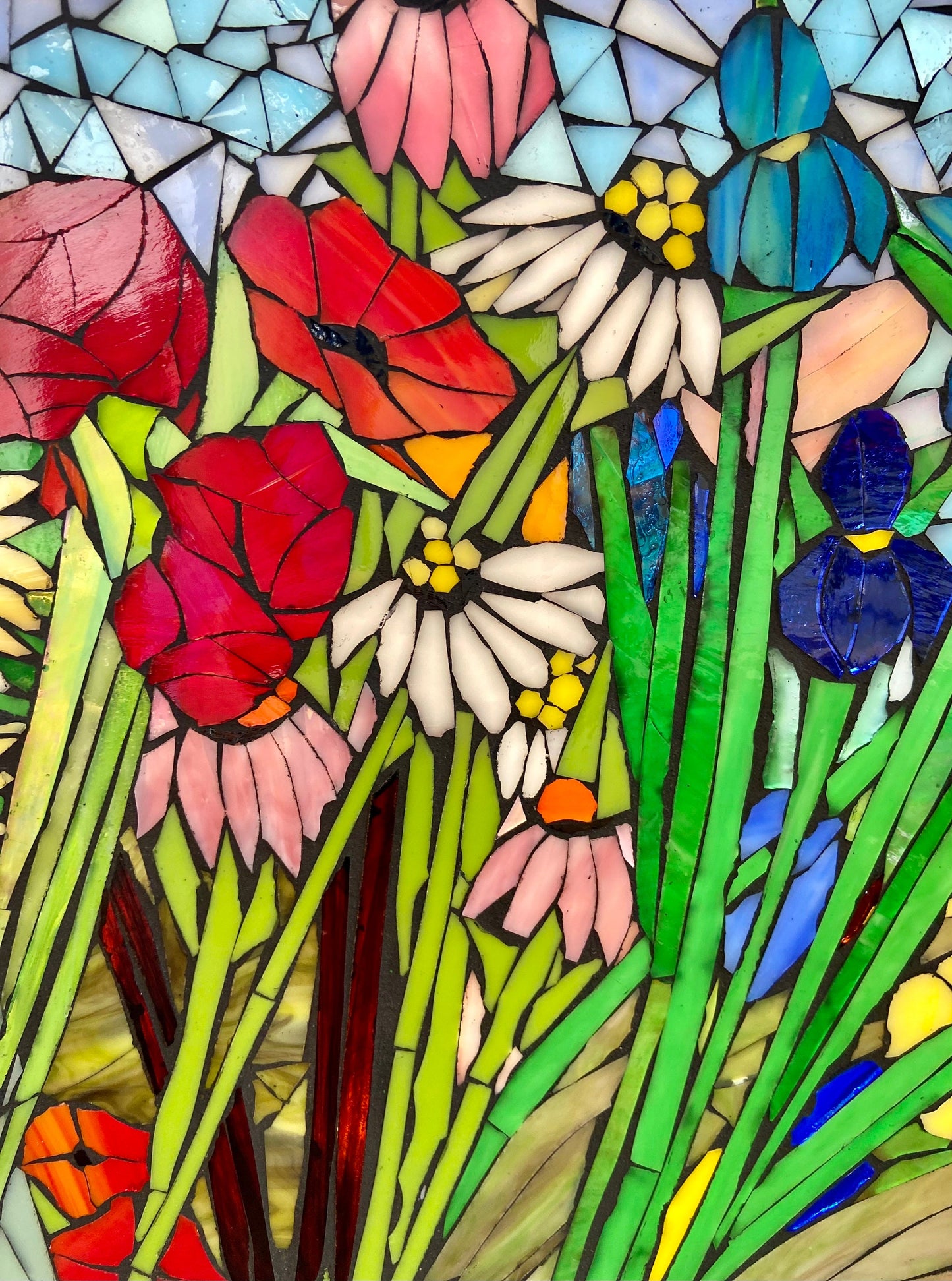 Mixed flower stained glass window. Framed hanging glass art. Large garden mosaic wall art. Gift idea for sunflower lover.