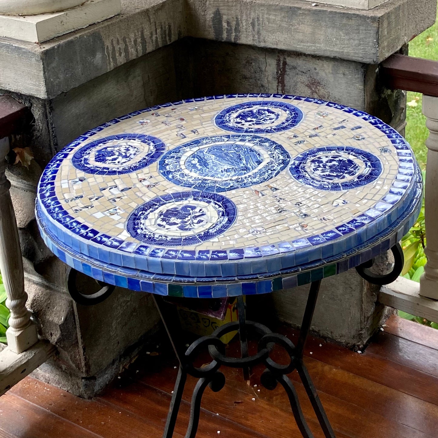 Mosaic cafe table top. Blue Willow china. Broken Ceramic tiles. Gift idea for coffee lovers.
