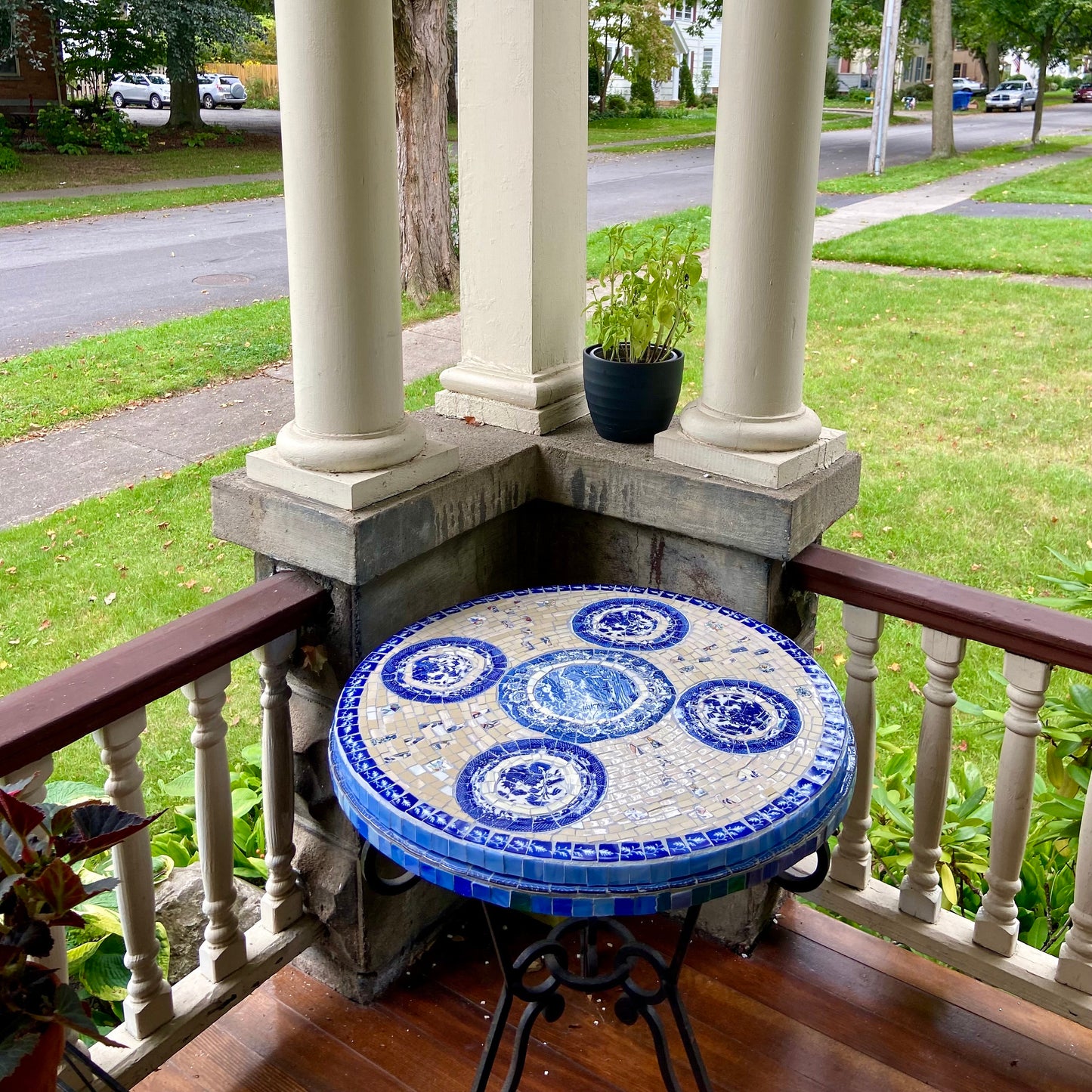 Mosaic cafe table top. Blue Willow china. Broken Ceramic tiles. Gift idea for coffee lovers.