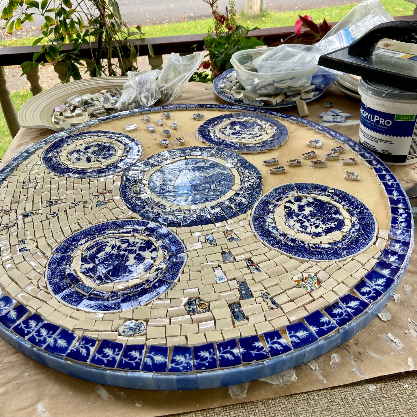 Mosaic cafe table top. Blue Willow china. Broken Ceramic tiles. Gift idea for coffee lovers.