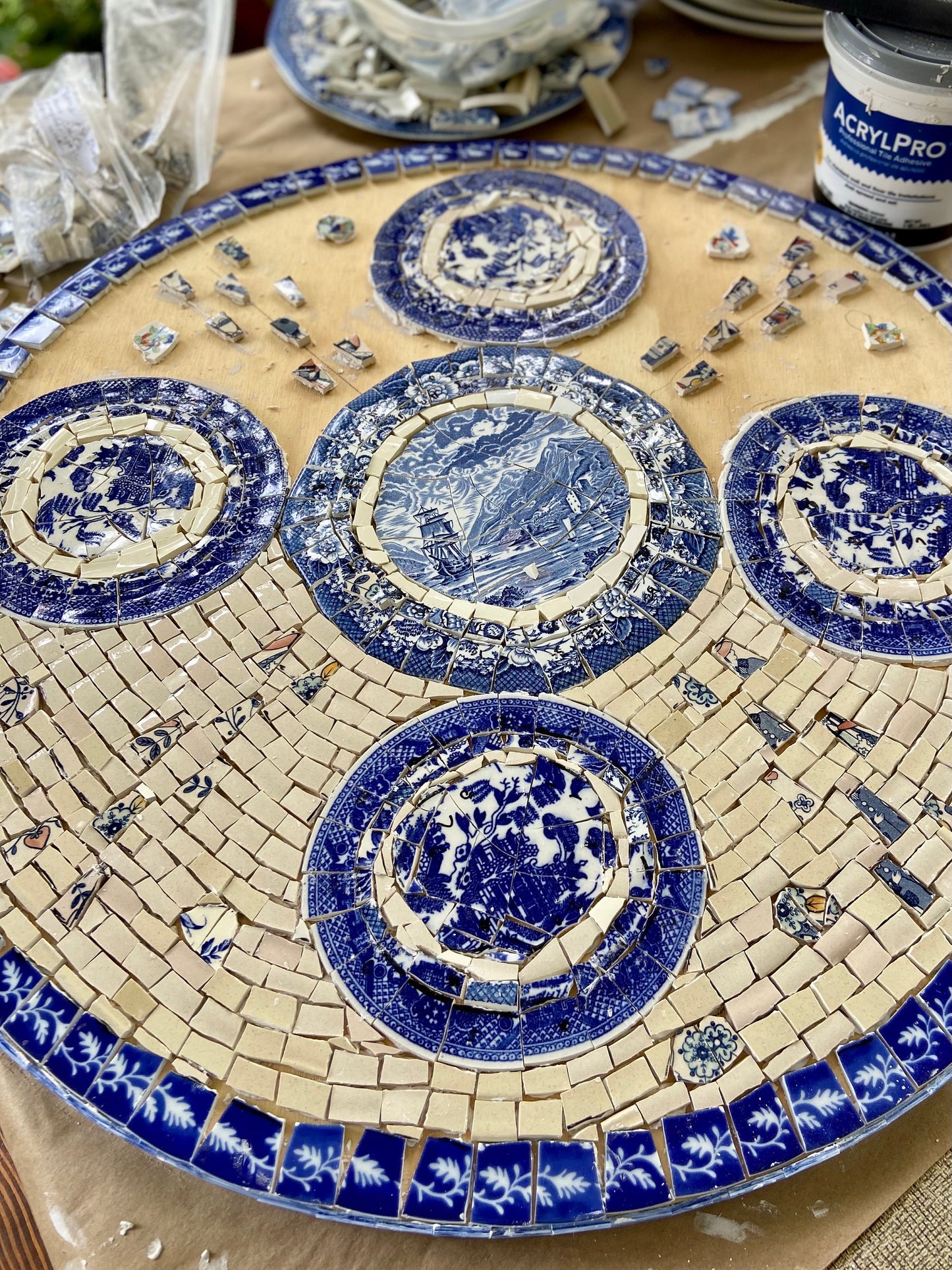 Mosaic cafe table top. Blue Willow china. Broken Ceramic tiles. Gift idea for coffee lovers.