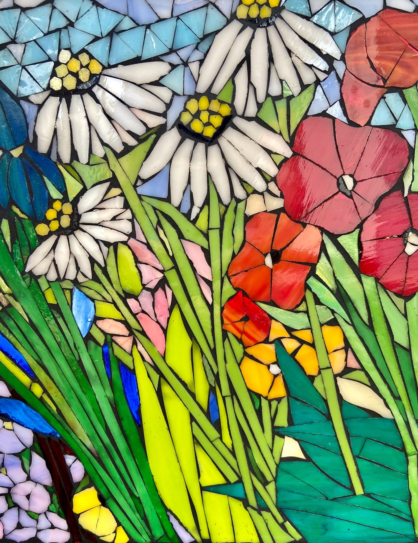 Mixed flower stained glass window. Framed hanging glass art. Large garden mosaic wall art. Gift idea for sunflower lover.