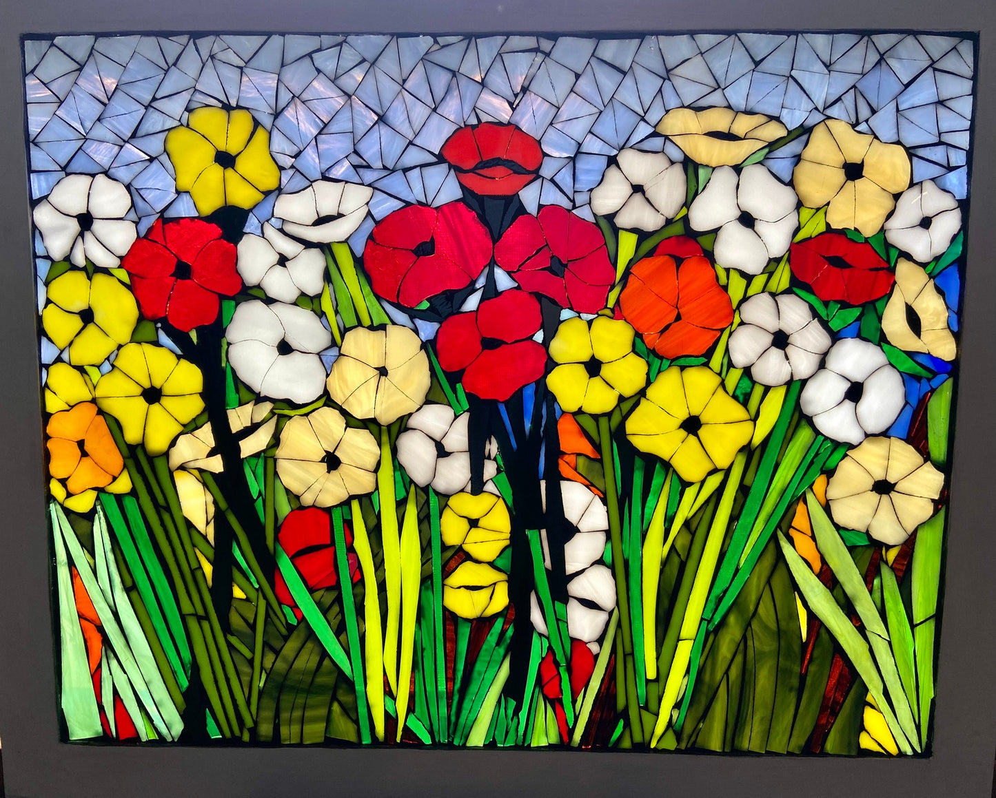 Custom Mixed poppies stained glass window. Framed hanging glass art. Small garden mosaic wall art. Gift idea for garden lover.