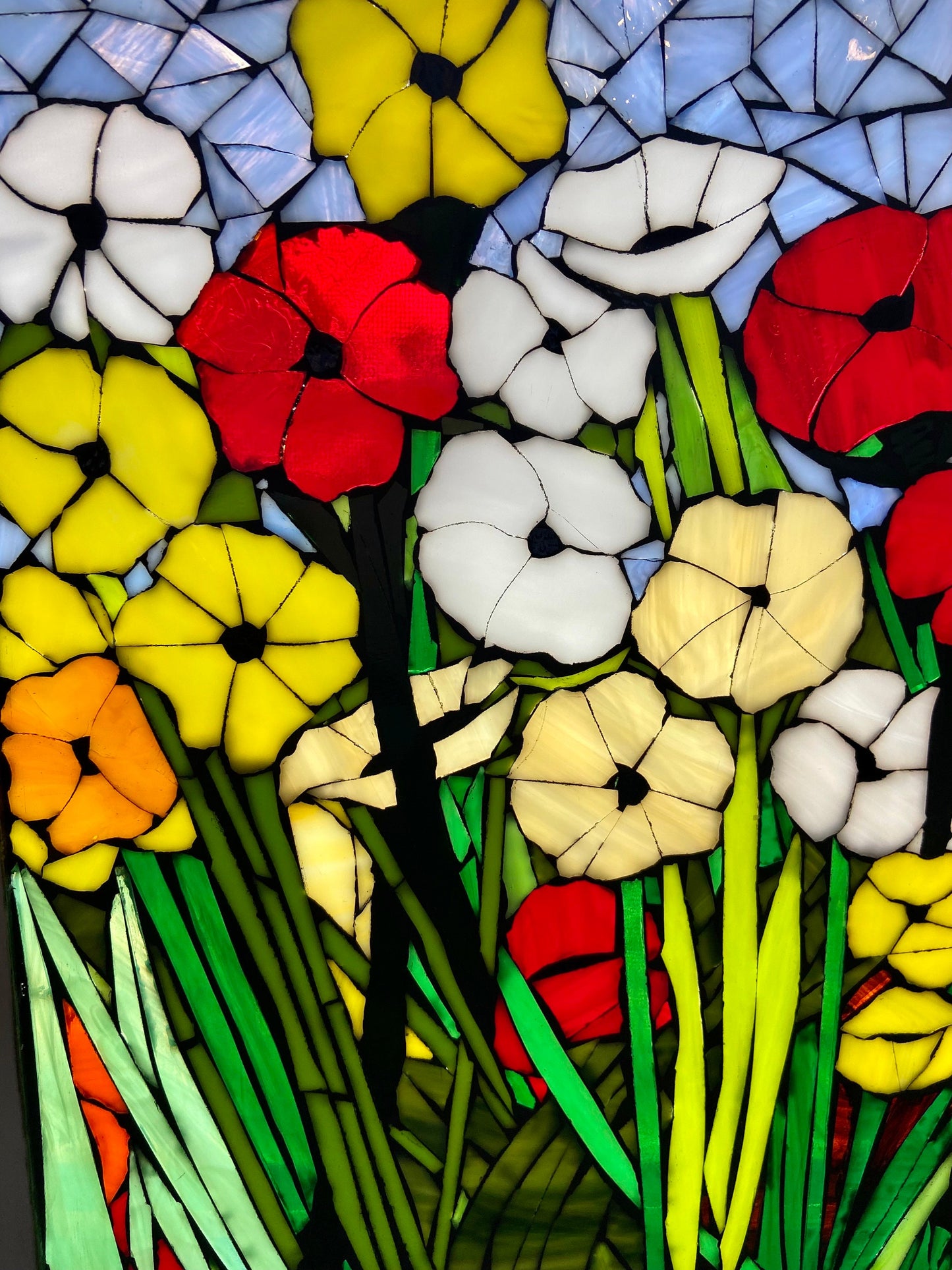 Custom Mixed poppies stained glass window. Framed hanging glass art. Small garden mosaic wall art. Gift idea for garden lover.