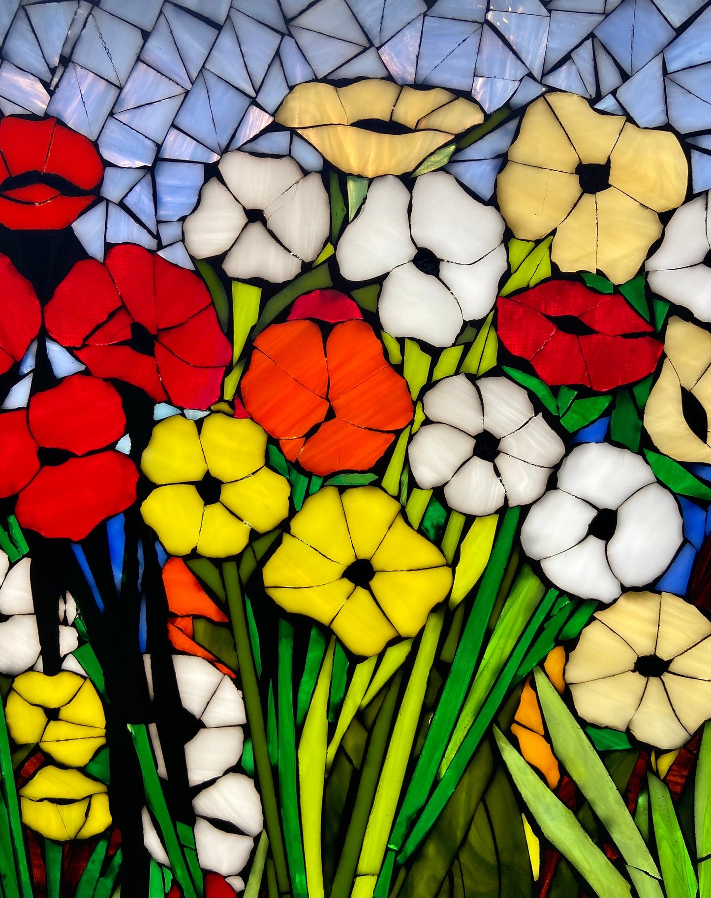 Custom Mixed poppies stained glass window. Framed hanging glass art. Small garden mosaic wall art. Gift idea for garden lover.
