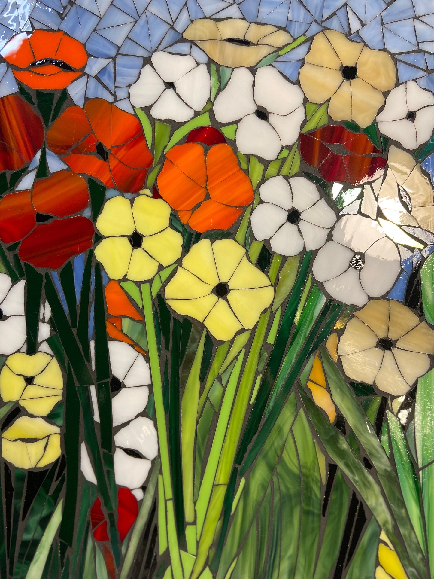Custom Mixed poppies stained glass window. Framed hanging glass art. Small garden mosaic wall art. Gift idea for garden lover.