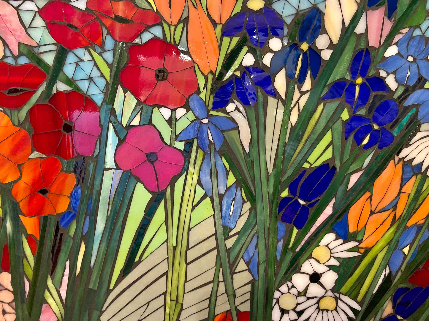 Mixed flower stained glass mosaic backsplash. Framed hanging glass art. Large garden mosaic wall art. Gift idea for garden lover.