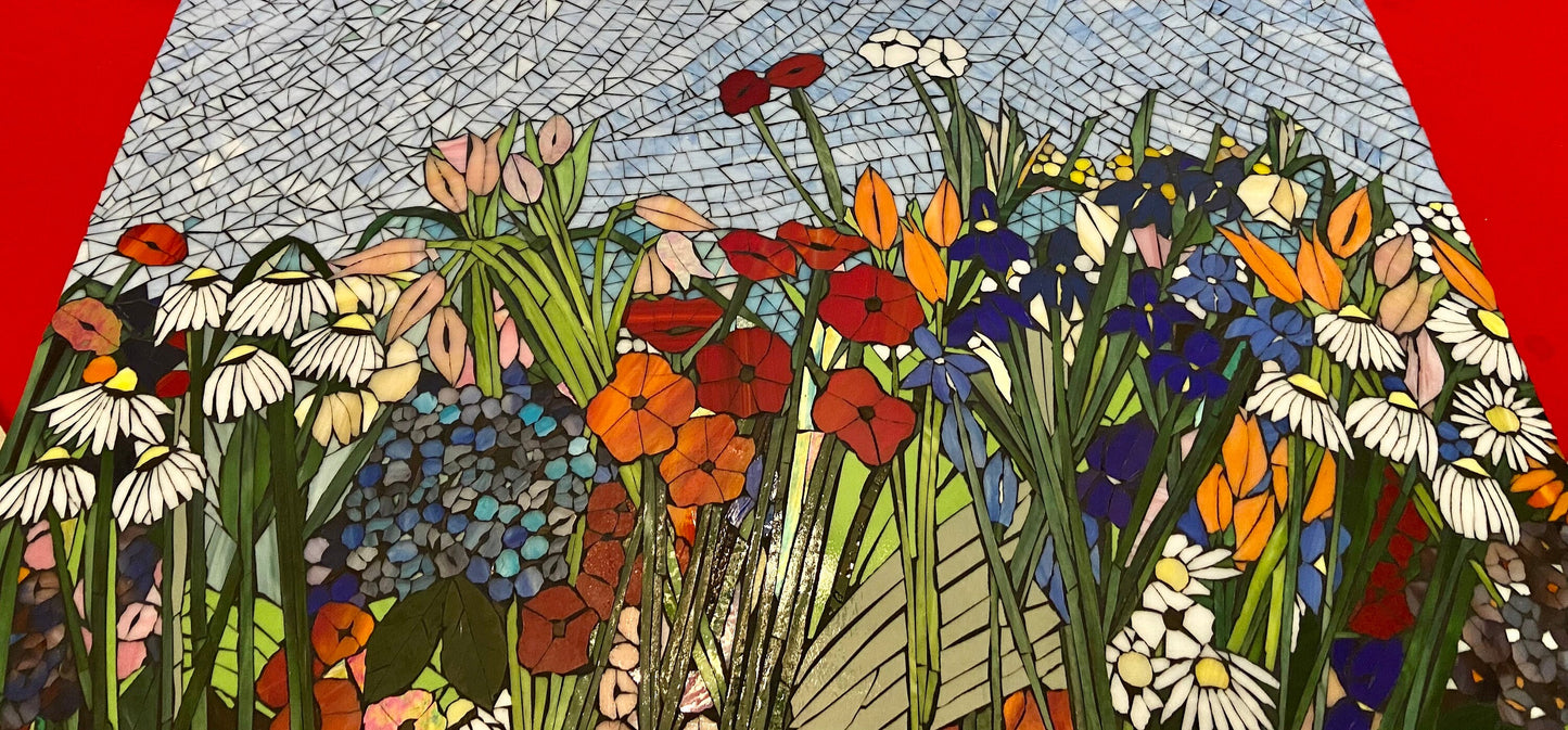 Mixed flower stained glass mosaic backsplash. Framed hanging glass art. Large garden mosaic wall art. Gift idea for garden lover.