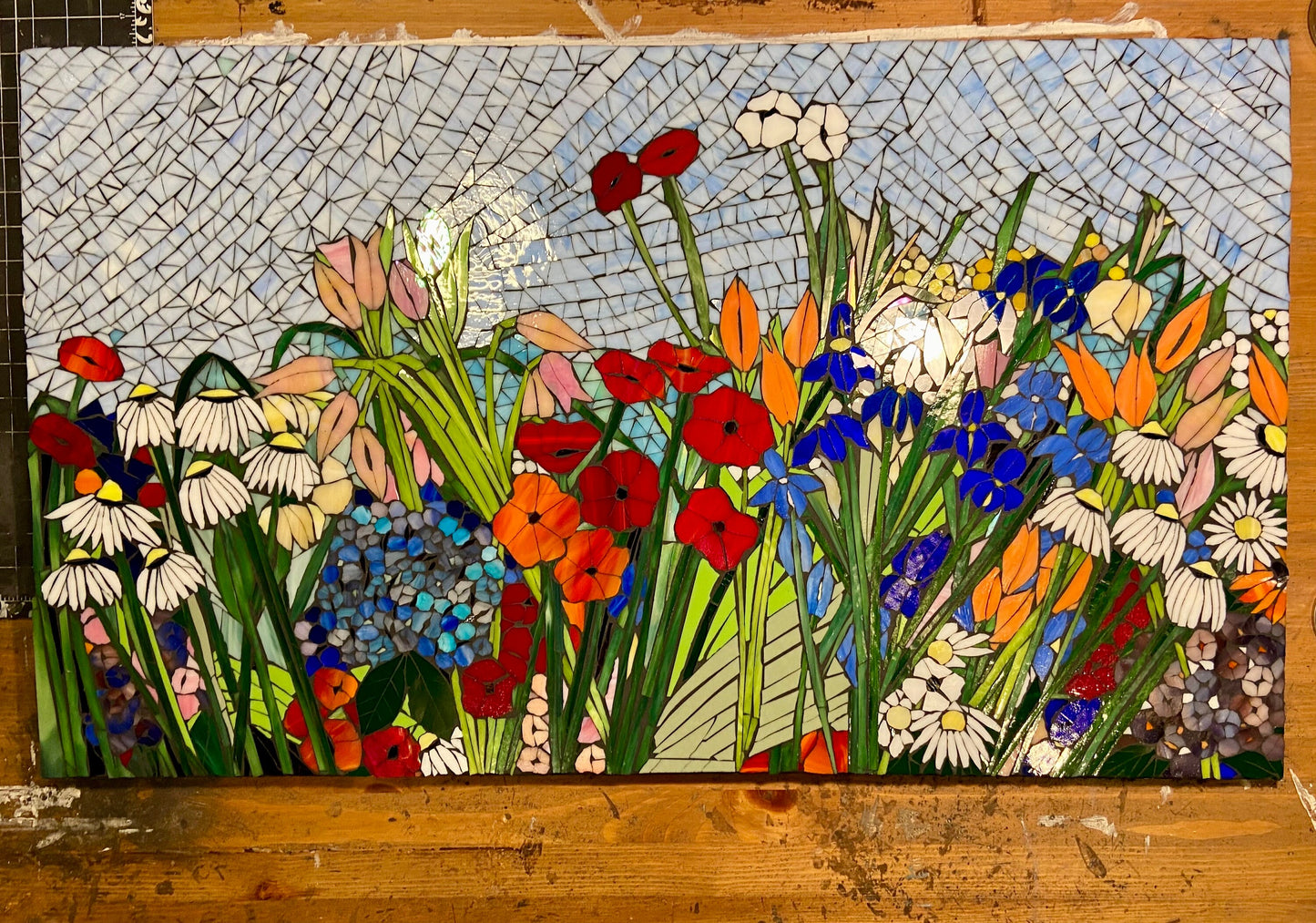 Mixed flower stained glass mosaic backsplash. Framed hanging glass art. Large garden mosaic wall art. Gift idea for garden lover.