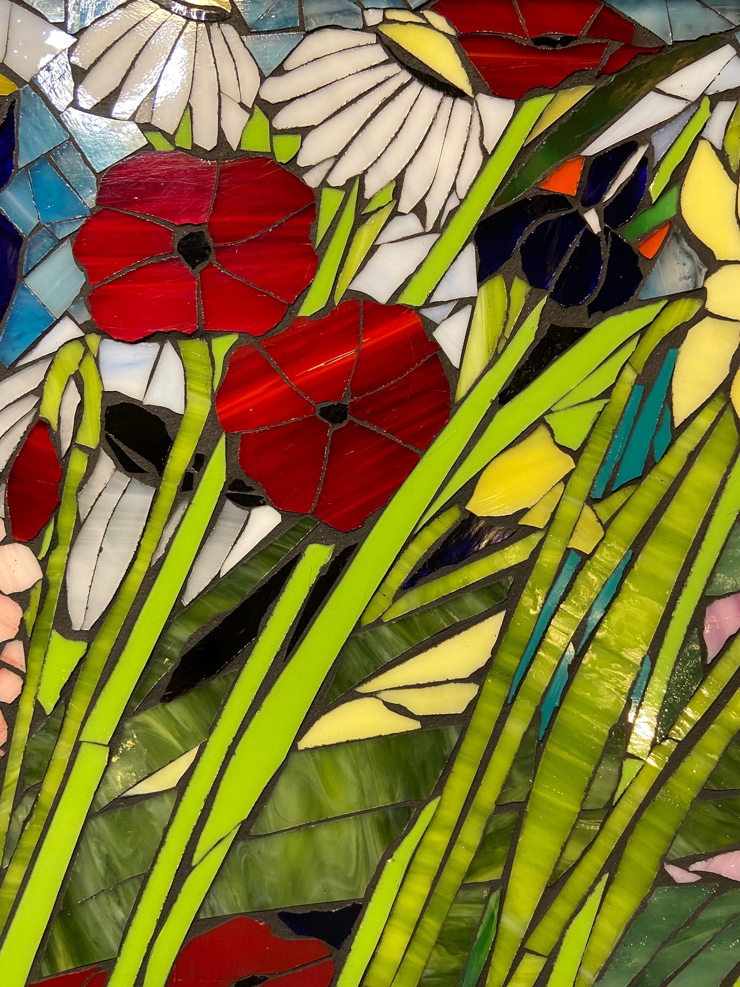 Mixed flower stained glass window. Framed hanging glass art. Large garden mosaic wall art. Gift idea for garden lover.