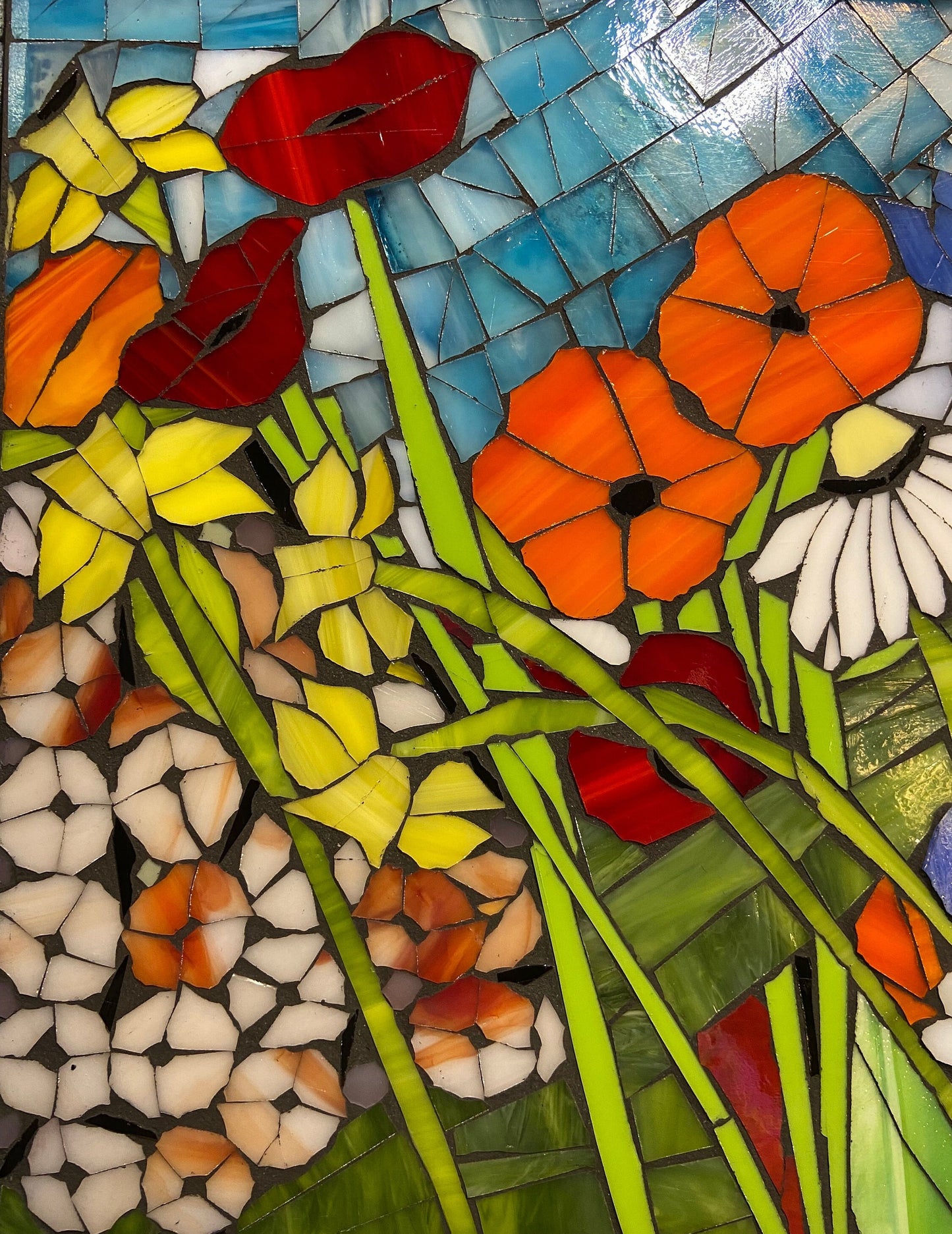 Mixed flower stained glass window. Framed hanging glass art. Large garden mosaic wall art. Gift idea for garden lover.